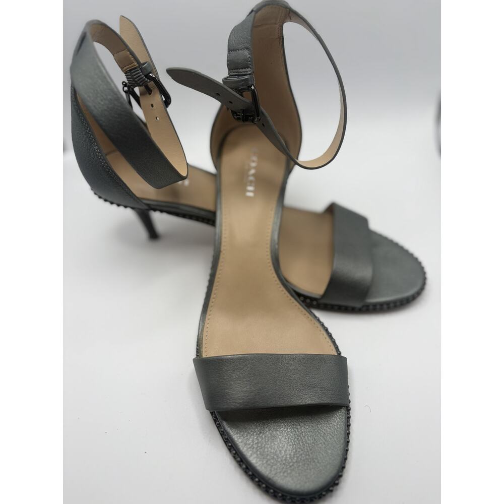 Coach Gunmetal Metallic Leather Ankle Strap Heeled Sandals Women's Size 7.5B - Picture 4 of 6